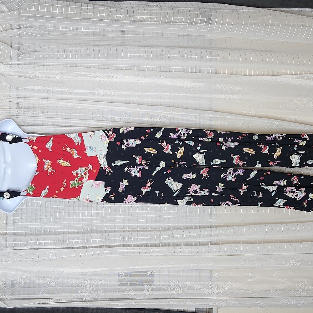 Vintage 90's Rayon Paris Bistro Print Overalls W/ Shell Buttons SzS